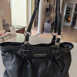 Black Leather Coach Purse - zipper close (14" long, 4" wide, 8" tall)